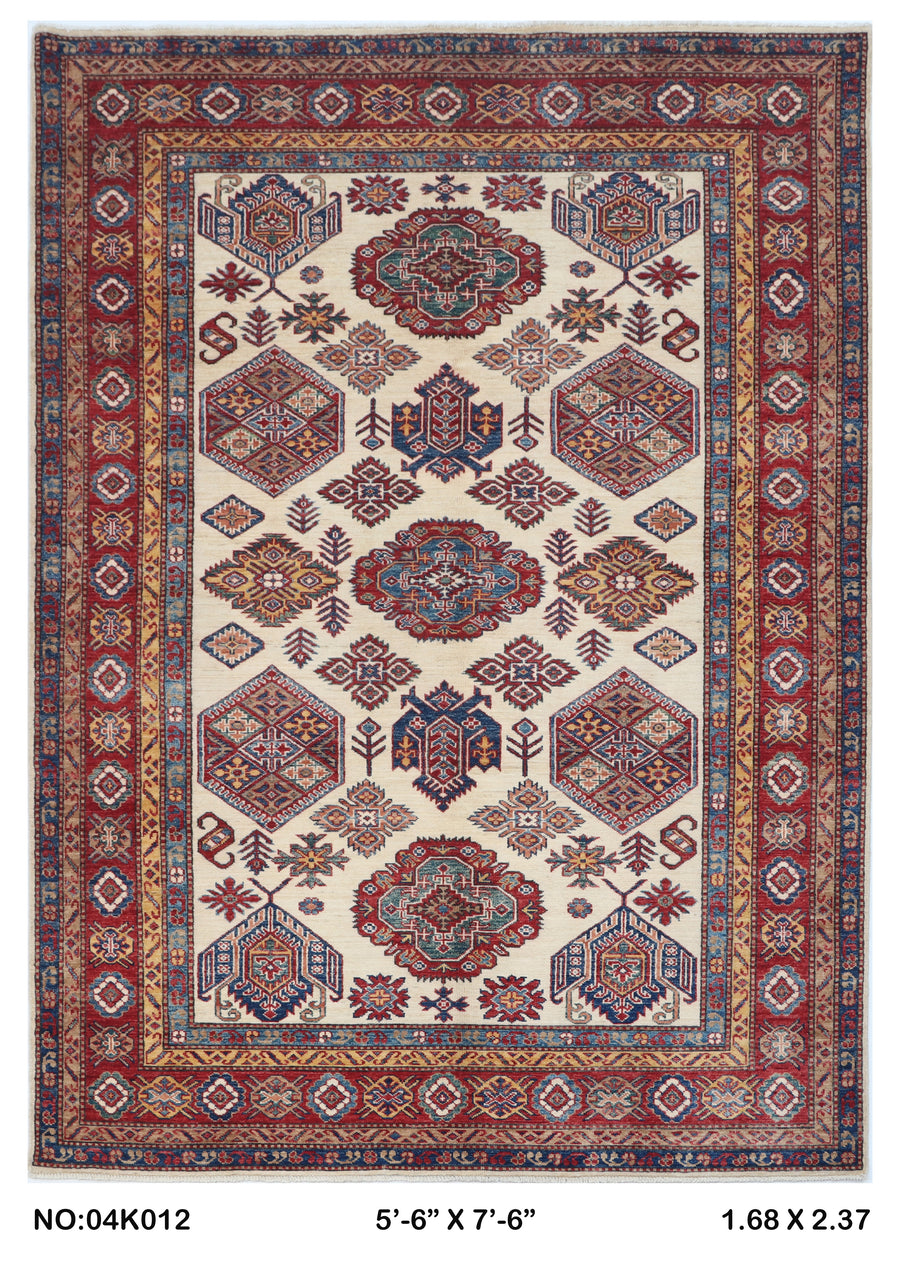 5.5x8 Beige Super Kazak Handmade Wool Cotton Geometric Area Rug