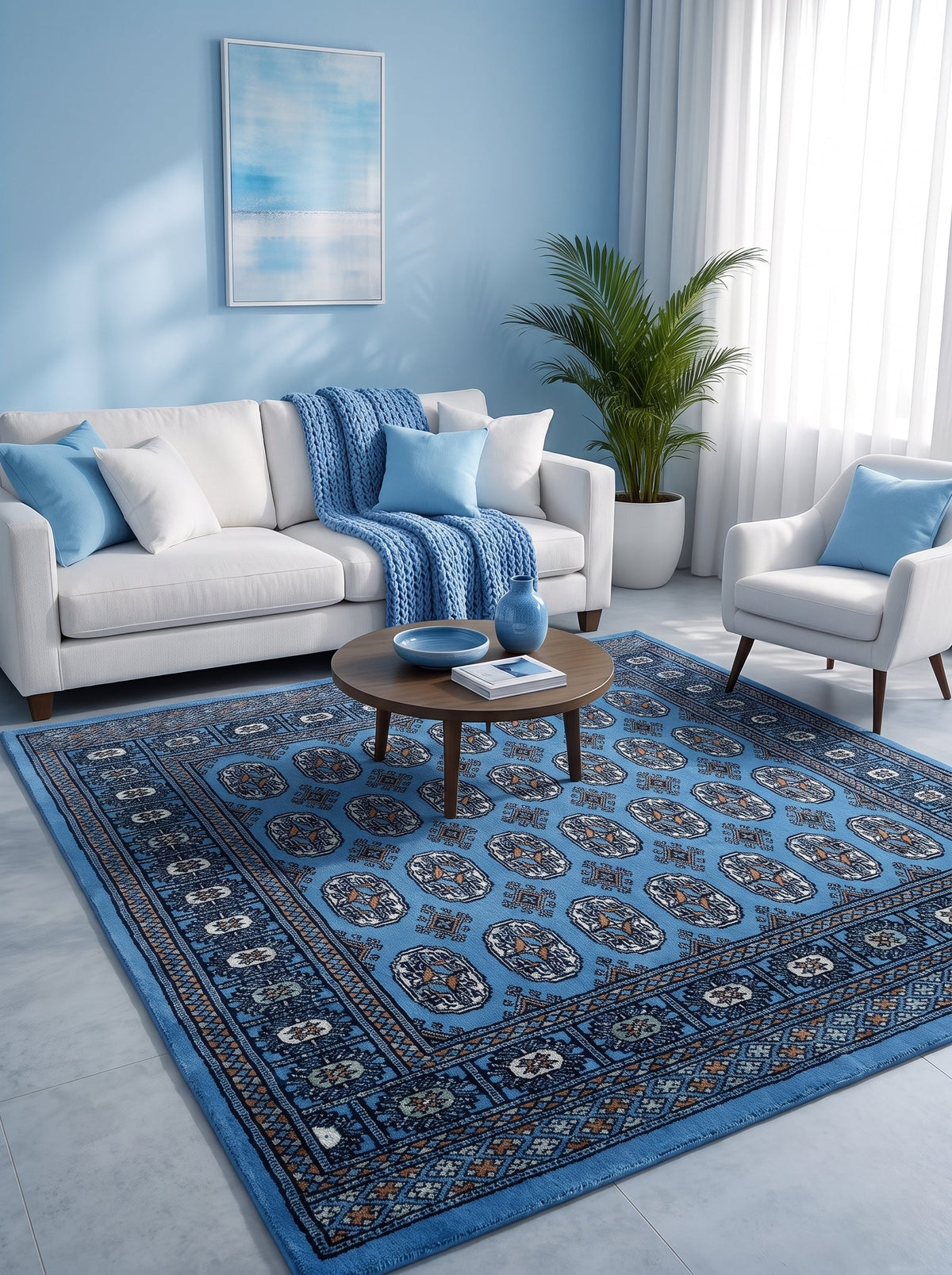 Luxury handmade blue area rug with traditional geometric pattern in a modern living room by Zilliy Rugs
