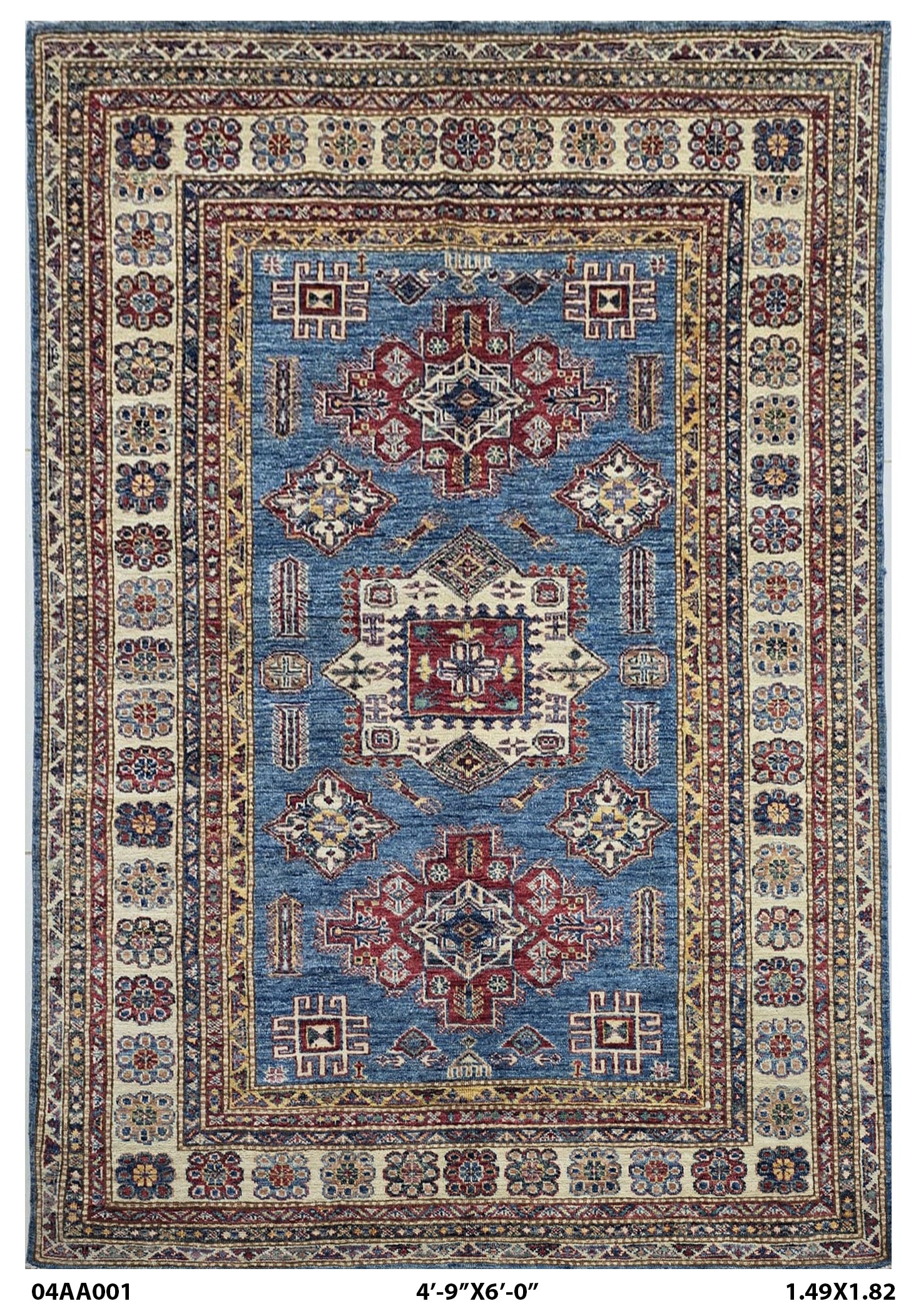 5x6 Blue Super Kazak Geometric Handmade Cotton & Wool Rug | Premium Luxury Area Rug