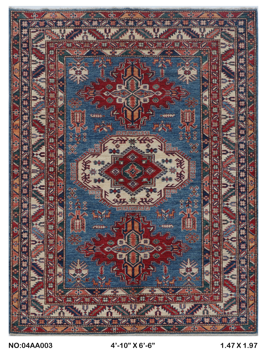 5x6.5 Blue Super Kazak geometric handmade wool and cotton area rug