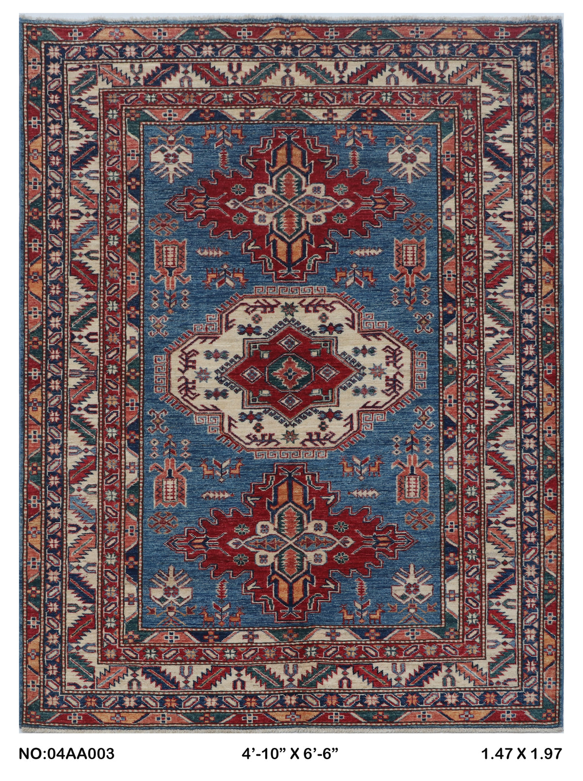 5x6.5 Blue Super Kazak geometric handmade wool and cotton area rug