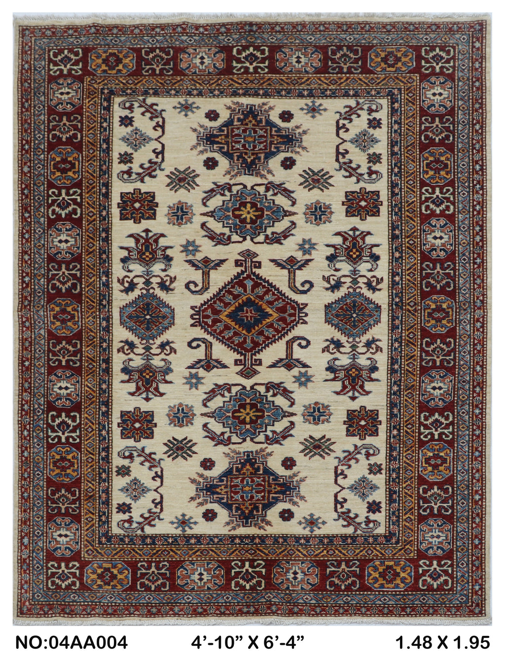 5x6.5 Beige Super Kazak geometric handmade wool and cotton area rug