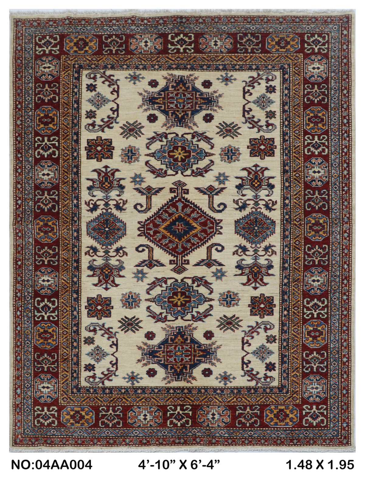 5x6.5 Beige Super Kazak geometric handmade wool and cotton area rug