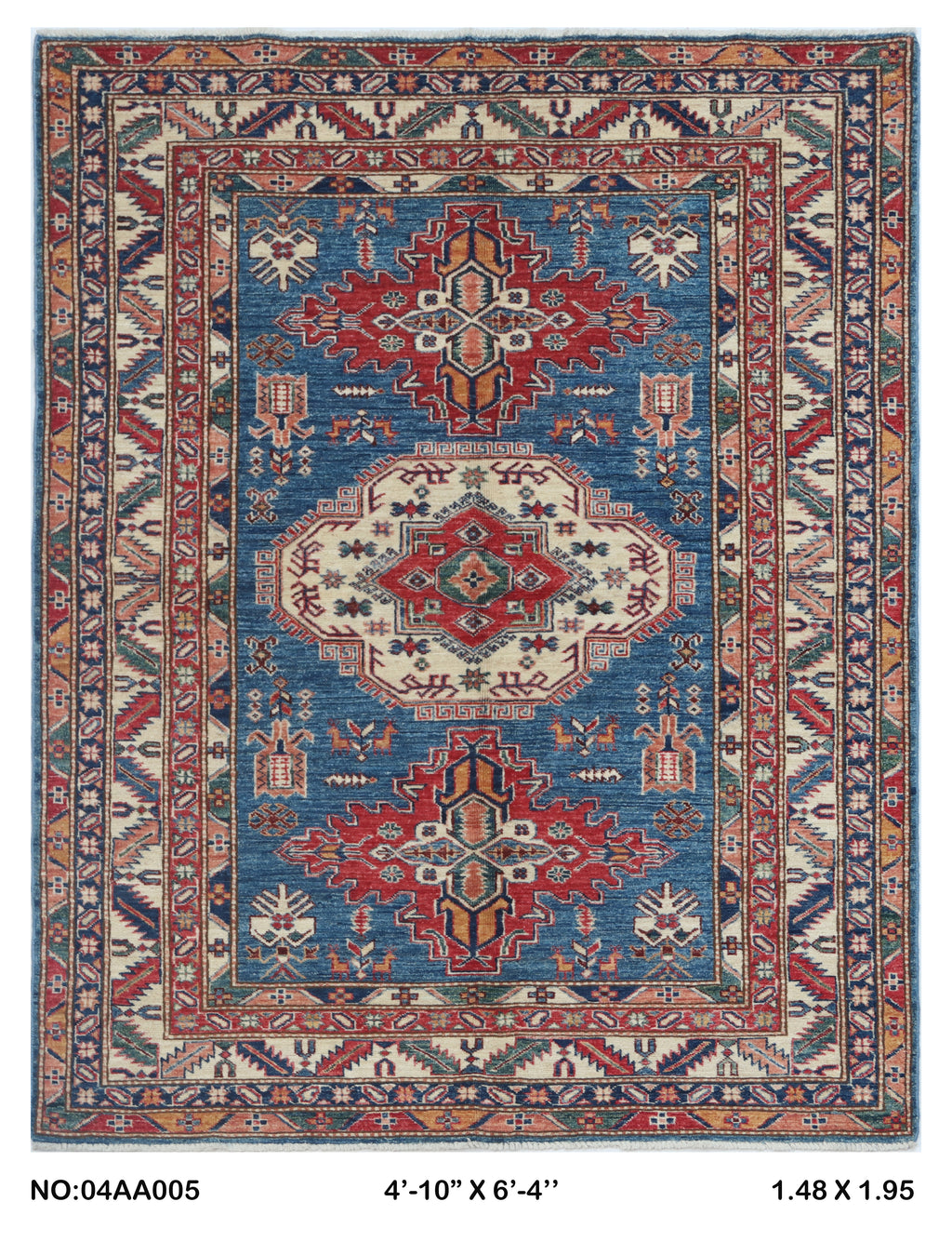 5x6.5 Blue Super Kazak geometric handmade wool and cotton area rug