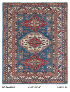 5x6.5 Blue Super Kazak geometric handmade wool and cotton area rug