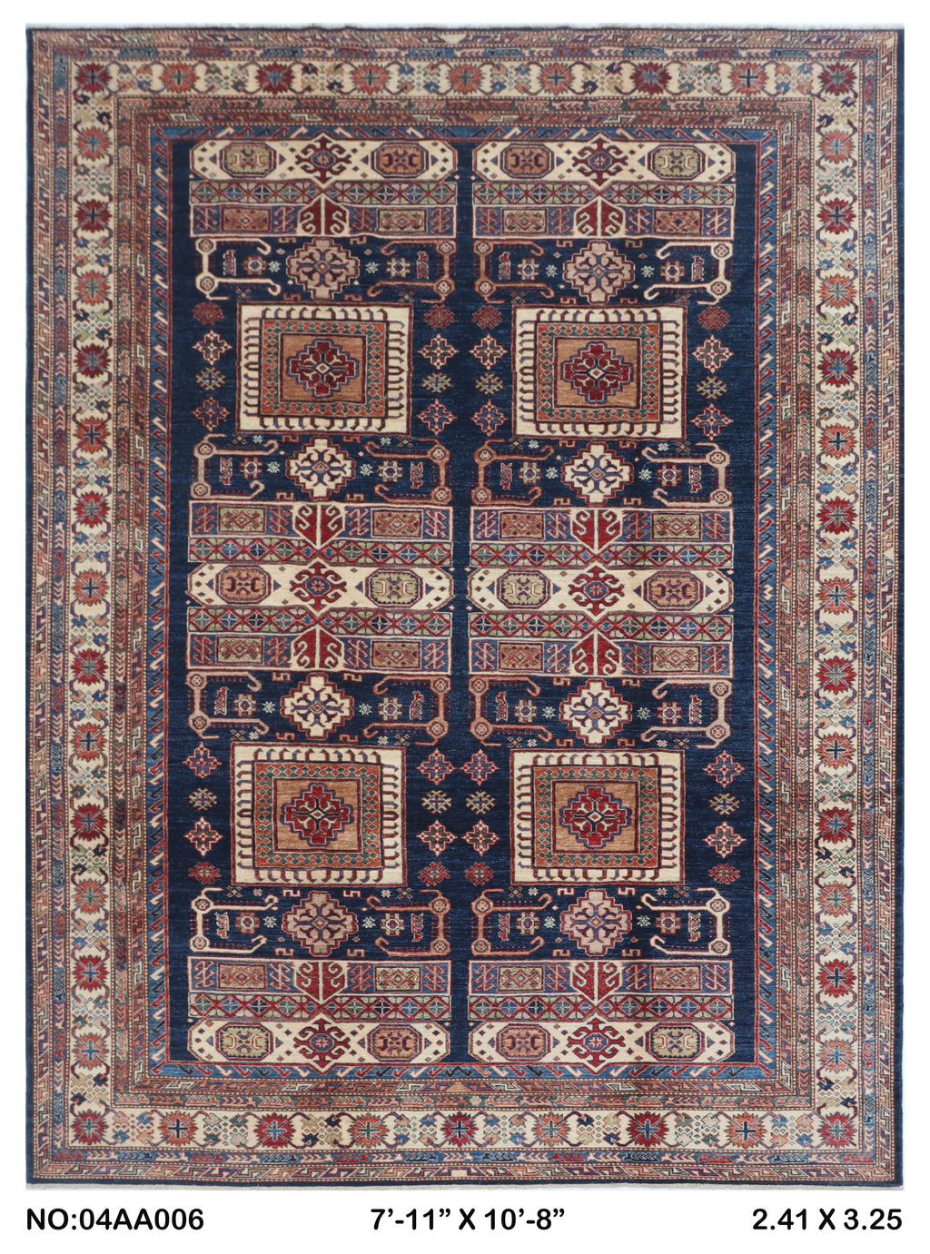8x11 Blue Super Kazak geometric handmade wool and cotton area rug