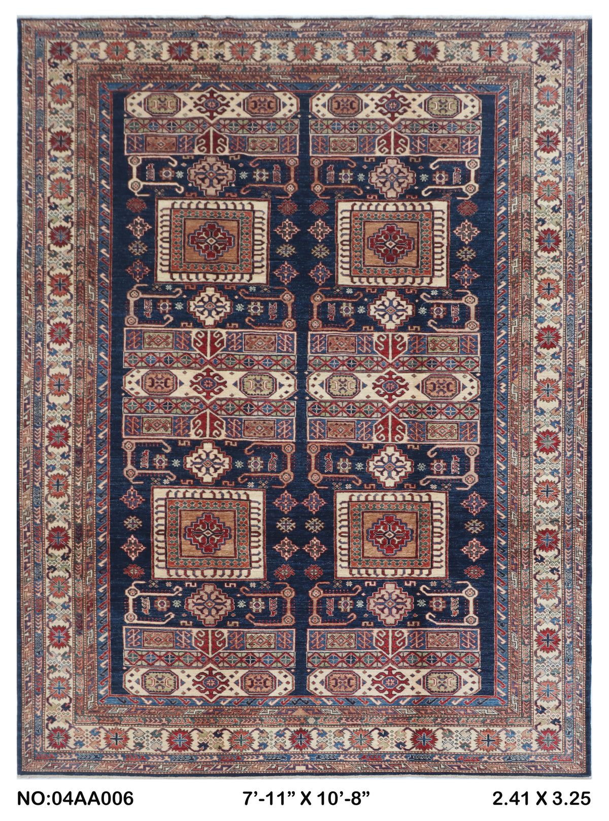 8x11 Blue Super Kazak geometric handmade wool and cotton area rug