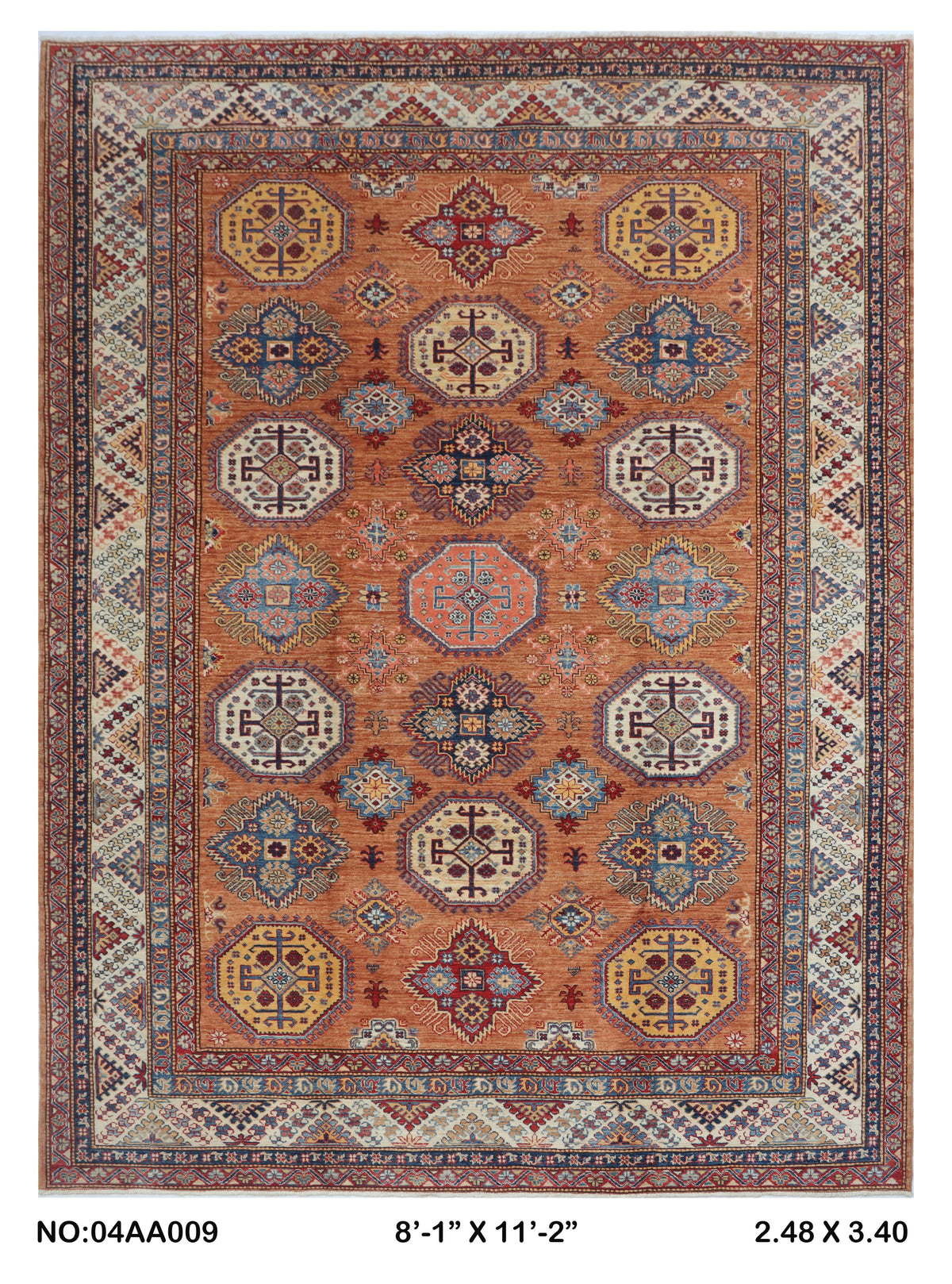 8x11 Brown Super Kazak geometric handmade wool and cotton area rug