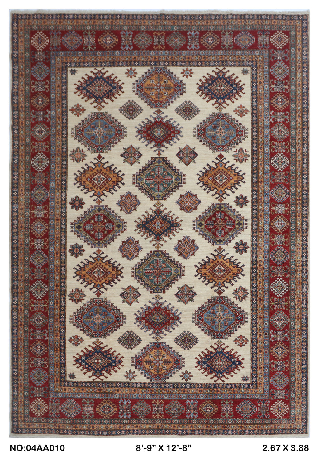 9x12.5 Beige Super Kazak geometric handmade wool and cotton area rug