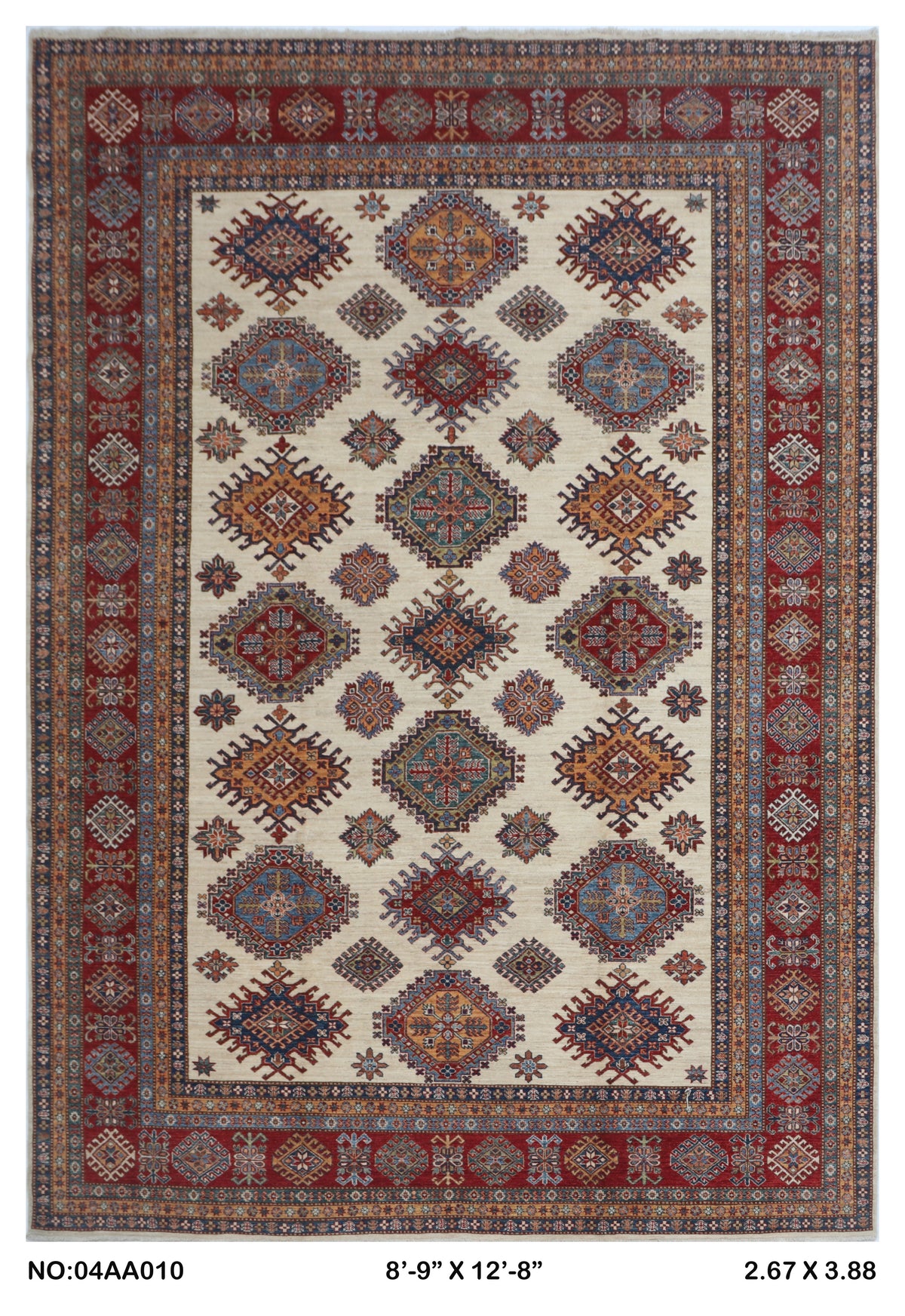 9x12.5 Beige Super Kazak geometric handmade wool and cotton area rug