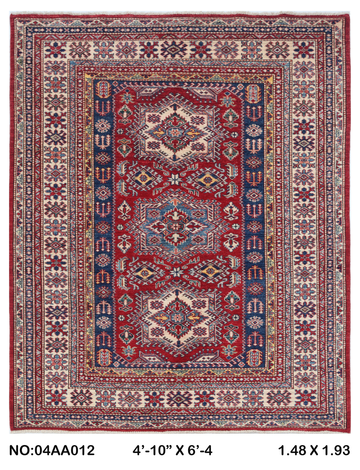 5x6.5 Red Super Kazak geometric handmade wool and cotton area rug