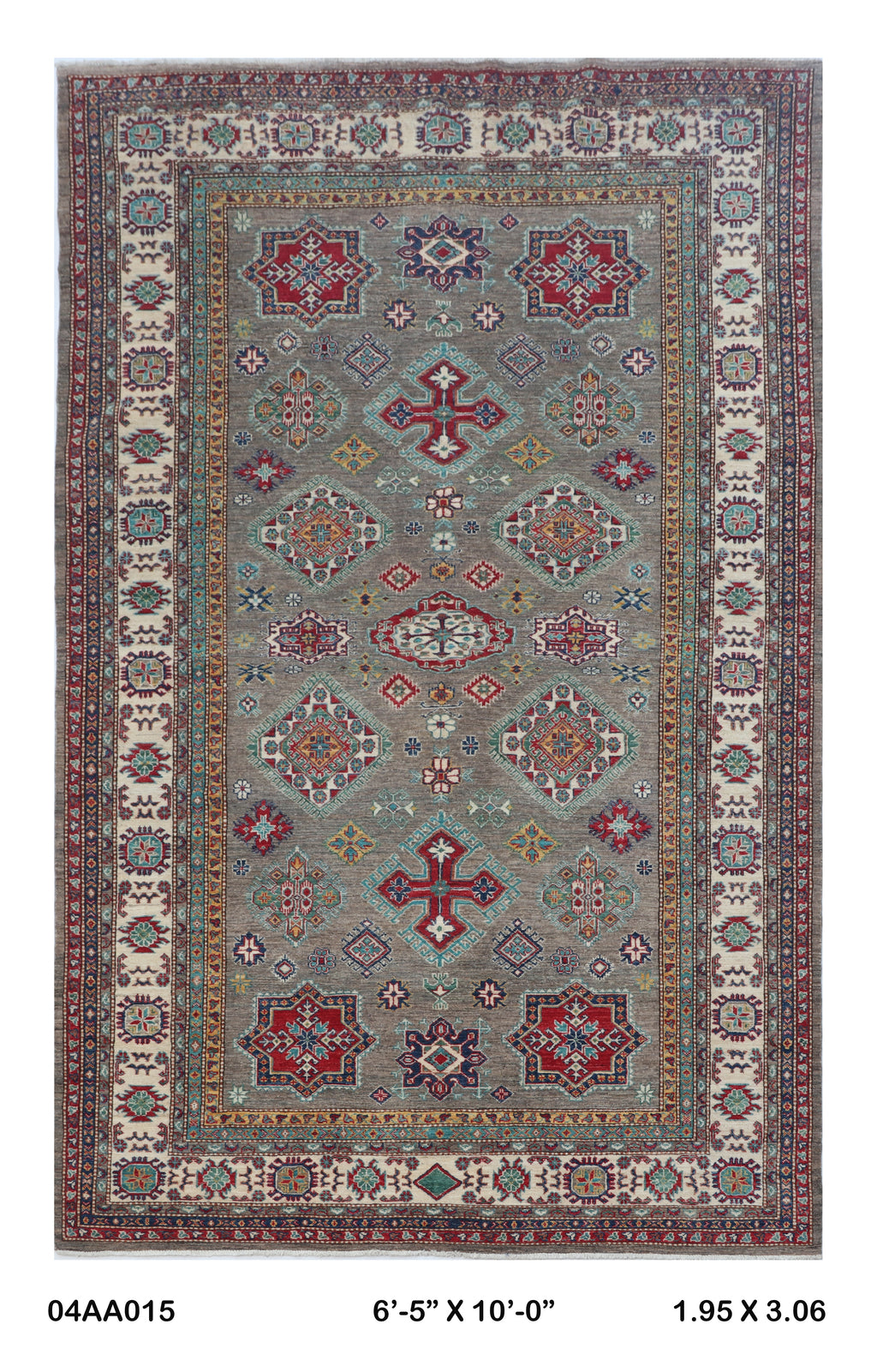 6.5x10 Gray Super Kazak Geometric Area Rug | Handmade Wool & Cotton Rug