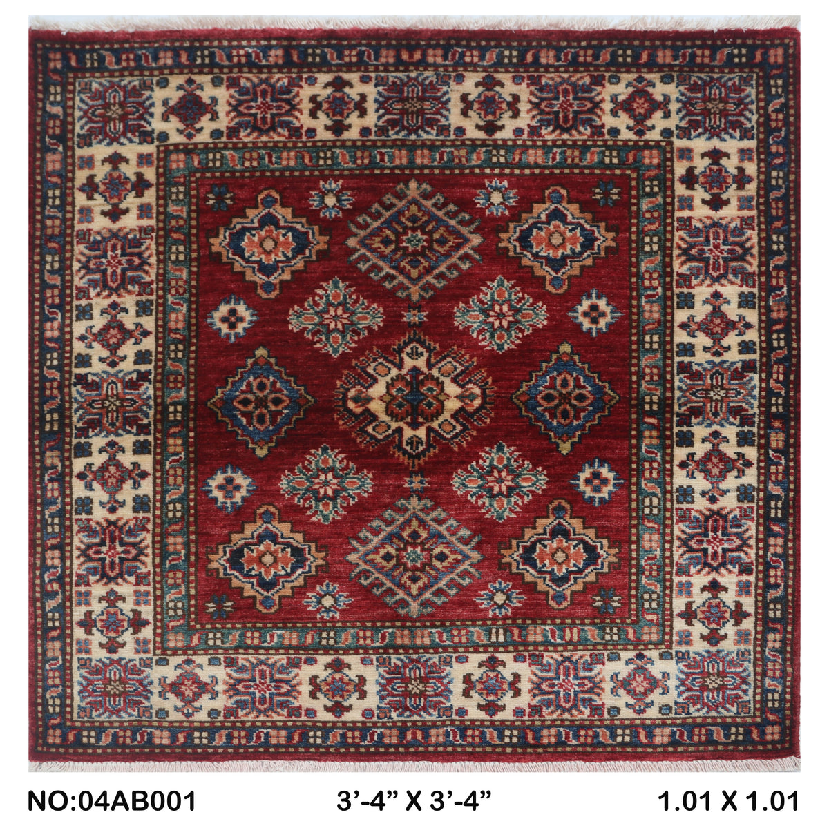 Handmade Super Kazak Red Vegetable Dyed Geometric Wool Cotton Square Area Rug 3.5x3.5