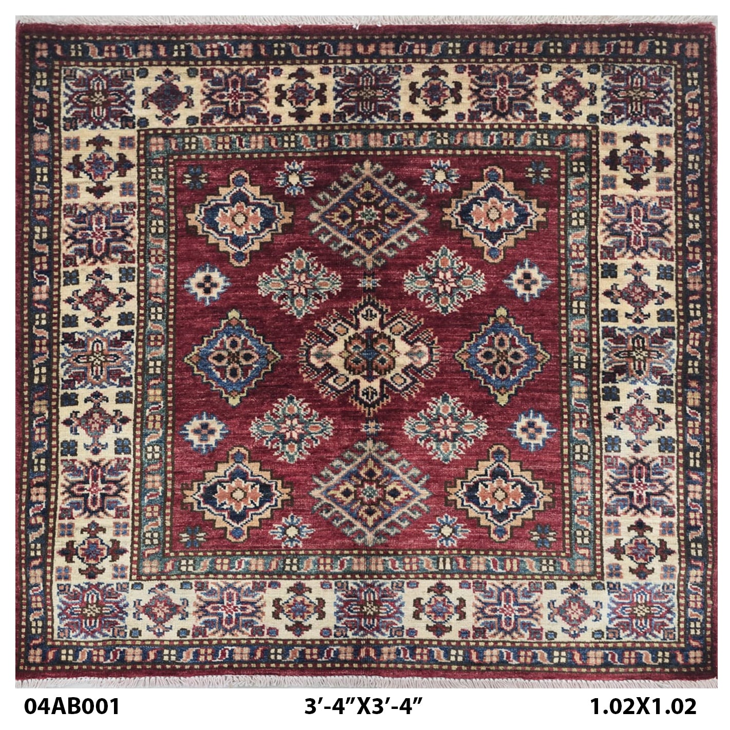 Handmade Super Kazak Red Vegetable Dyed Geometric Wool Cotton Square Area Rug 3.5x3.5