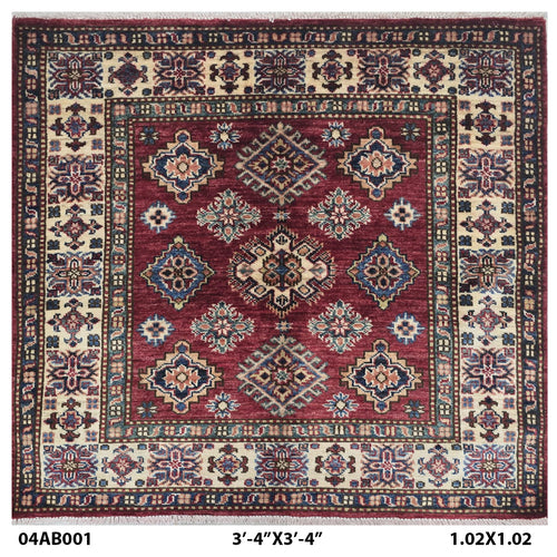 Handmade Super Kazak Red Vegetable Dyed Geometric Wool Cotton Square Area Rug 3.5x3.5