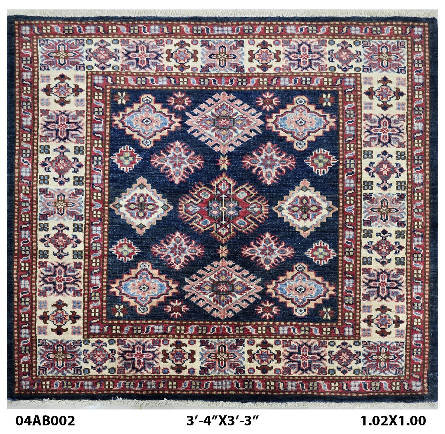 Handmade Super Kazak Blue Vegetable Dyed Geometric Wool Cotton Square Area Rug 3.5x3.5