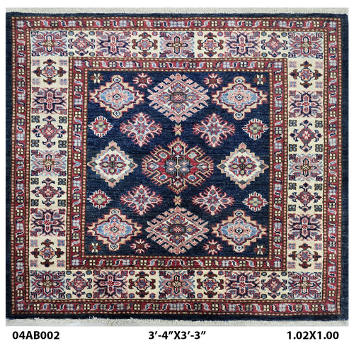 Handmade Super Kazak Blue Vegetable Dyed Geometric Wool Cotton Square Area Rug 3.5x3.5