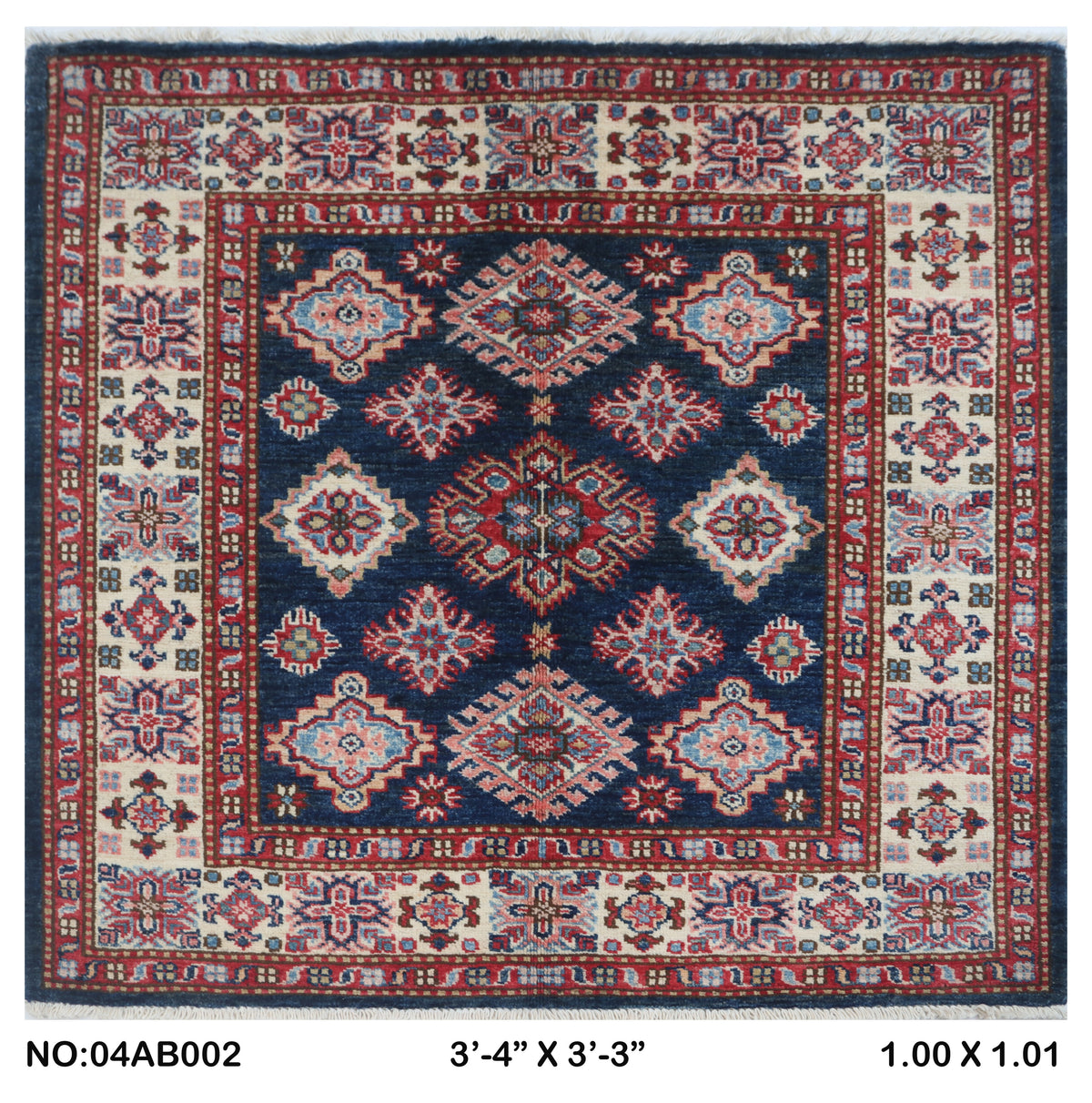 Handmade Super Kazak Blue Vegetable Dyed Geometric Wool Cotton Square Area Rug 3.5x3.5