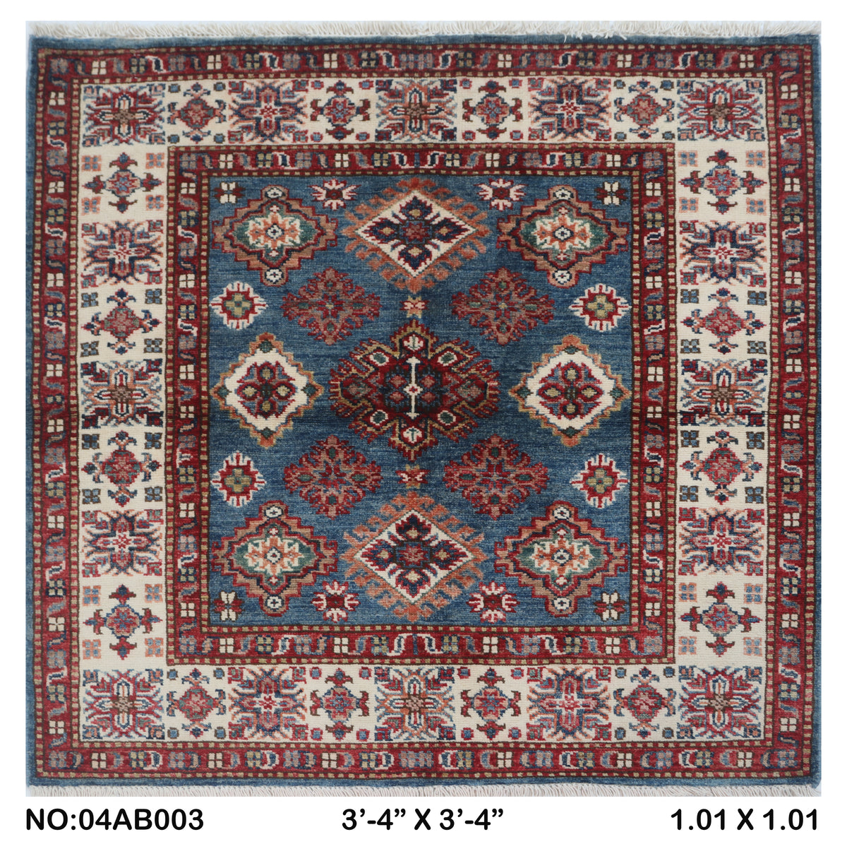 3.5x3.5 Handmade Super Kazak Rug Blue | Vegetable Dyed Geometric Wool & Cotton Square Area Rug