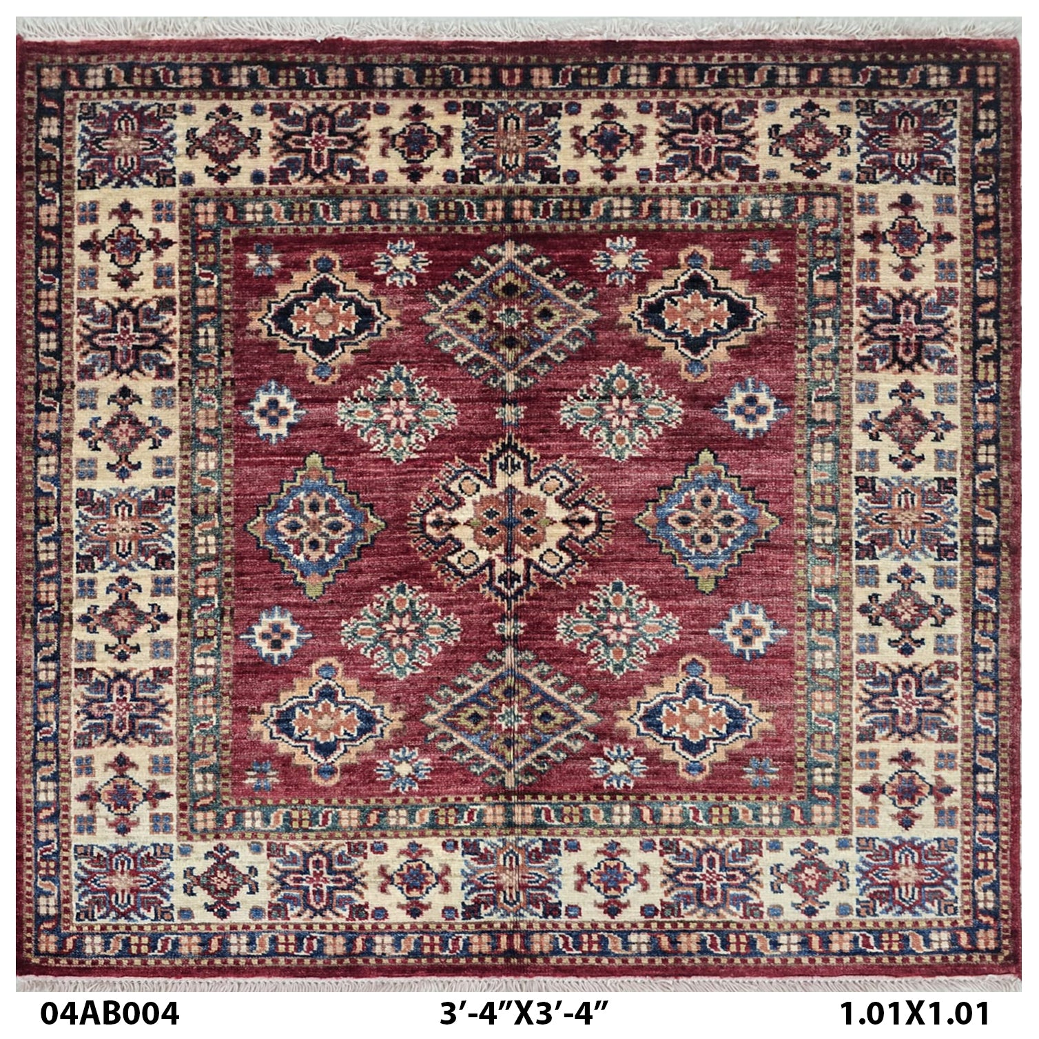 3.5x3.5 Handmade Super Kazak Red Rug | Vegetable Dyed Geometric Wool & Cotton Square Area Rug