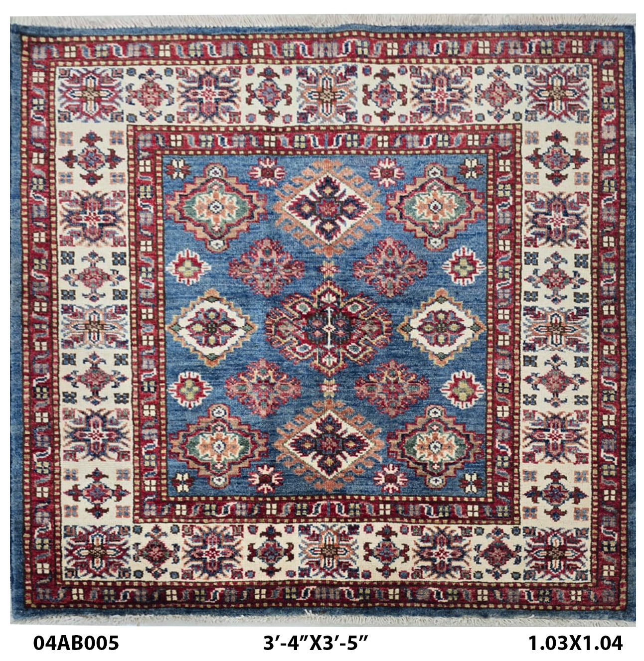 Handmade Super Kazak Blue Vegetable Dyed Geometric Wool Cotton Square Area Rug 3.5x3.5 ft