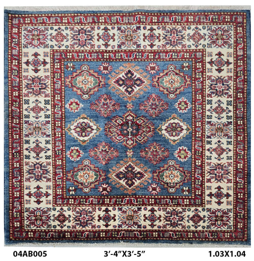 Handmade Super Kazak Blue Vegetable Dyed Geometric Wool Cotton Square Area Rug 3.5x3.5 ft