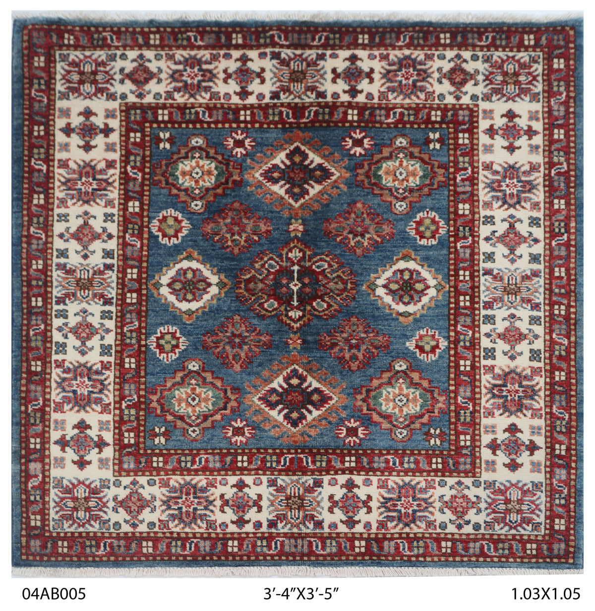 Handmade Super Kazak Blue Vegetable Dyed Geometric Wool Cotton Square Area Rug 3.5x3.5 ft