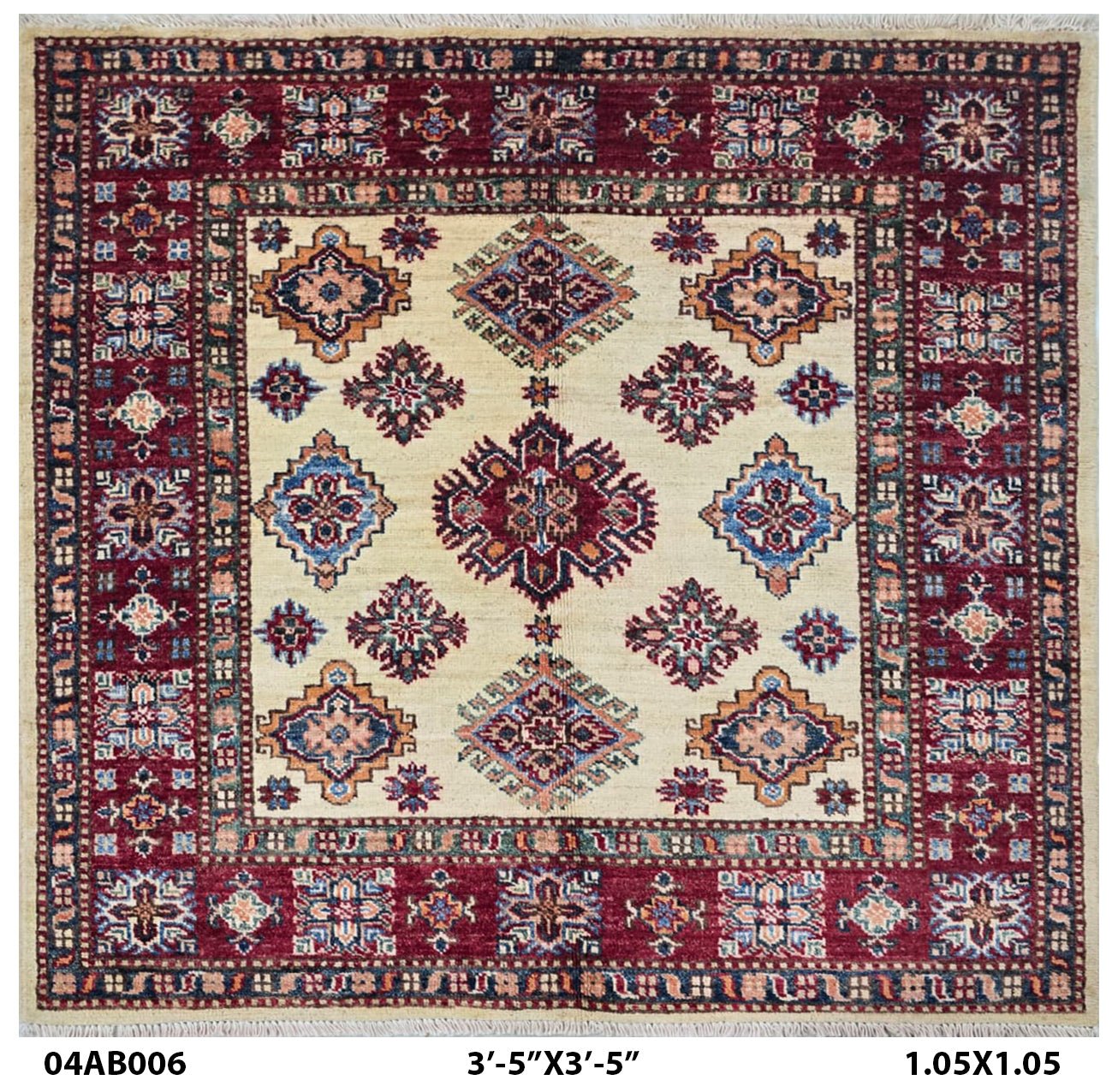 Handmade Super Kazak Beige Vegetable Dyed Geometric Wool Cotton Square Area Rug 3.5x3.5 ft