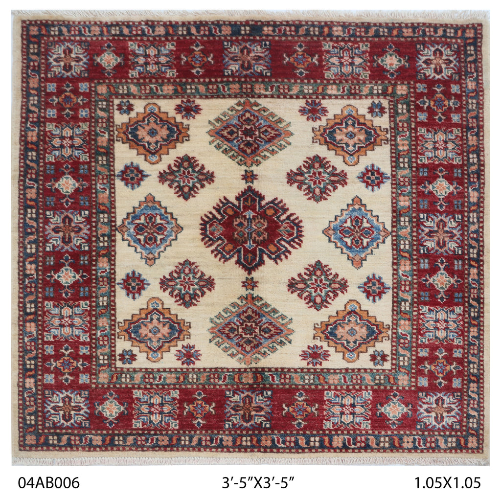 3.5x3.5 Beige Super Kazak geometric handmade wool and cotton area rug