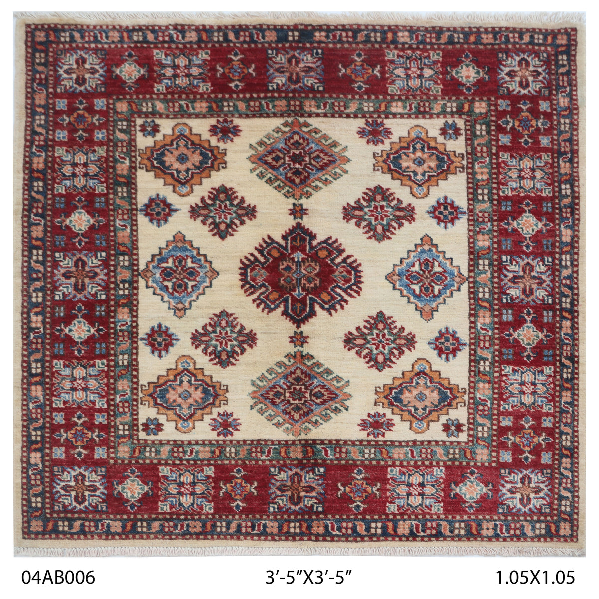 3.5x3.5 Beige Super Kazak geometric handmade wool and cotton area rug