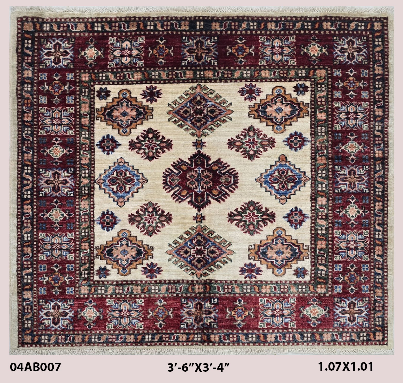 Handmade Super Kazak Beige Square Rug 3.5x3.5 Vegetable Dyed Geometric Wool Cotton Carpet