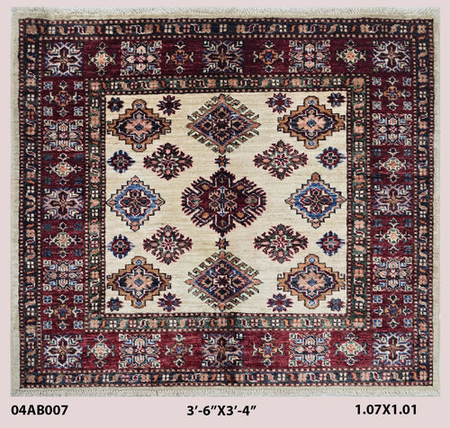 Handmade Super Kazak Beige Square Rug 3.5x3.5 Vegetable Dyed Geometric Wool Cotton Carpet
