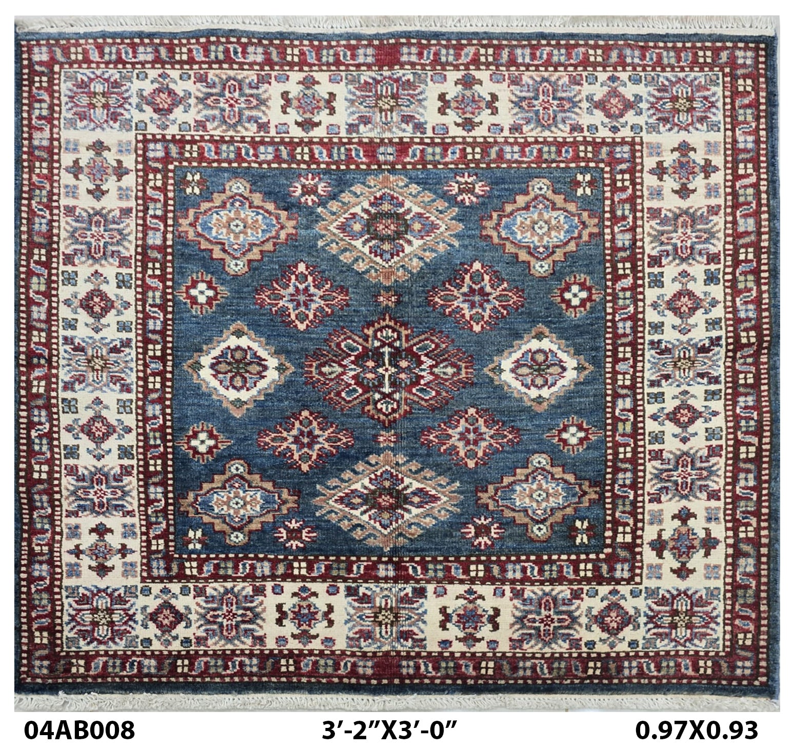 Handmade Super Kazak Blue Vegetable Dyed Geometric Wool Cotton Square Area Rug 3.3x3.3 ft