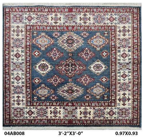 Handmade Super Kazak Blue Vegetable Dyed Geometric Wool Cotton Square Area Rug 3.3x3.3 ft
