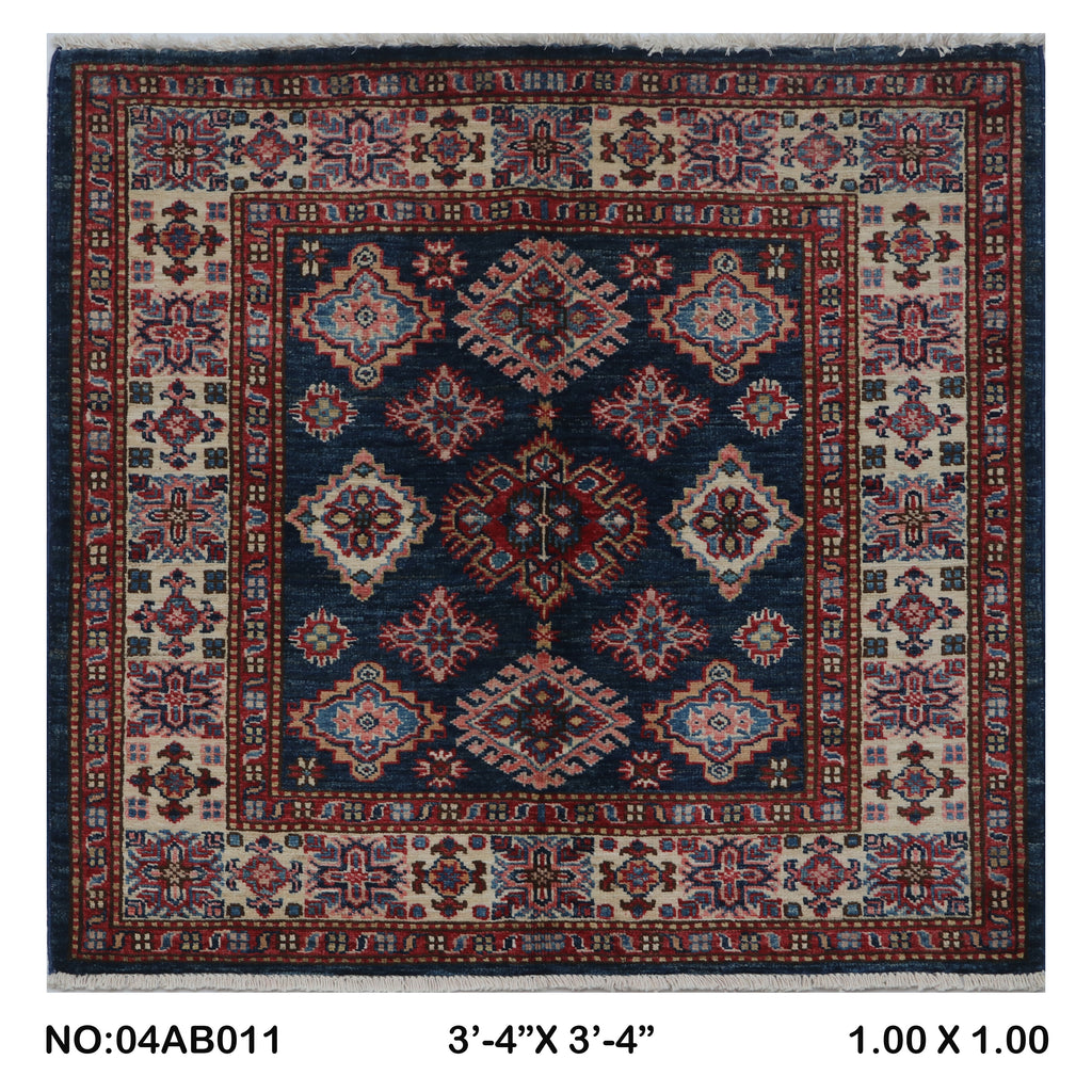 3.5x3.5 Blue Super Kazak geometric handmade wool and cotton area rug