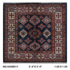 3.5x3.5 Blue Super Kazak geometric handmade wool and cotton area rug