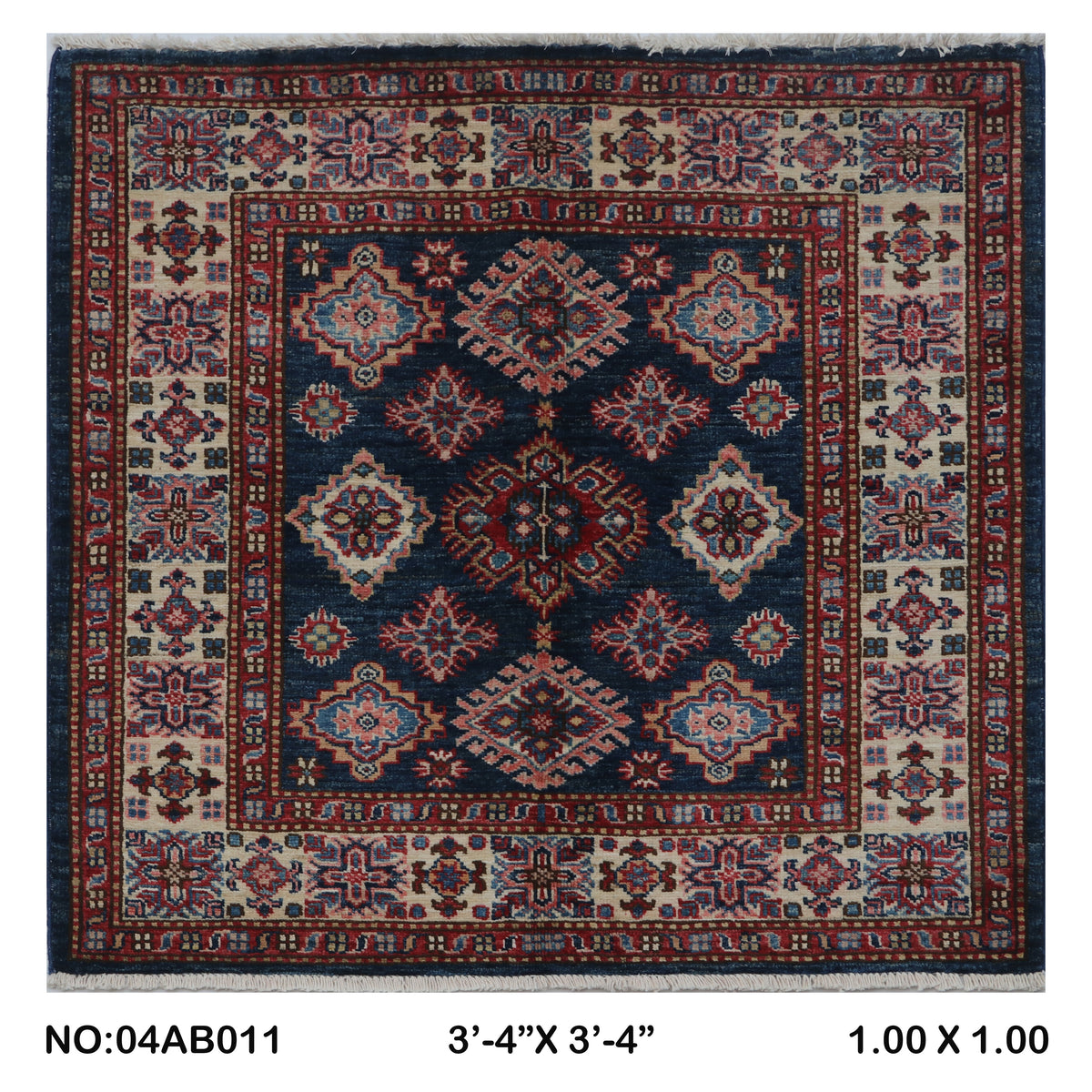 3.5x3.5 Blue Super Kazak geometric handmade wool and cotton area rug