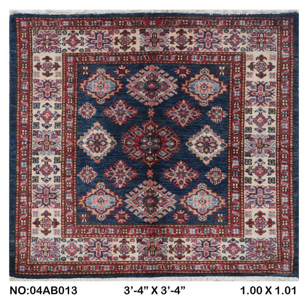 3.5x3.5 Blue Super Kazak geometric handmade wool and cotton area rug