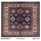3.5x3.5 Blue Super Kazak geometric handmade wool and cotton area rug