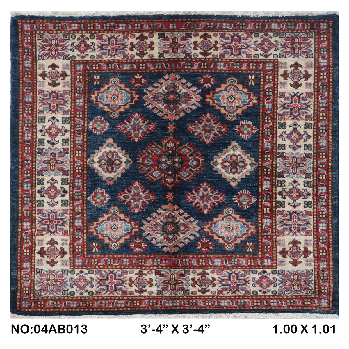 3.5x3.5 Blue Super Kazak geometric handmade wool and cotton area rug