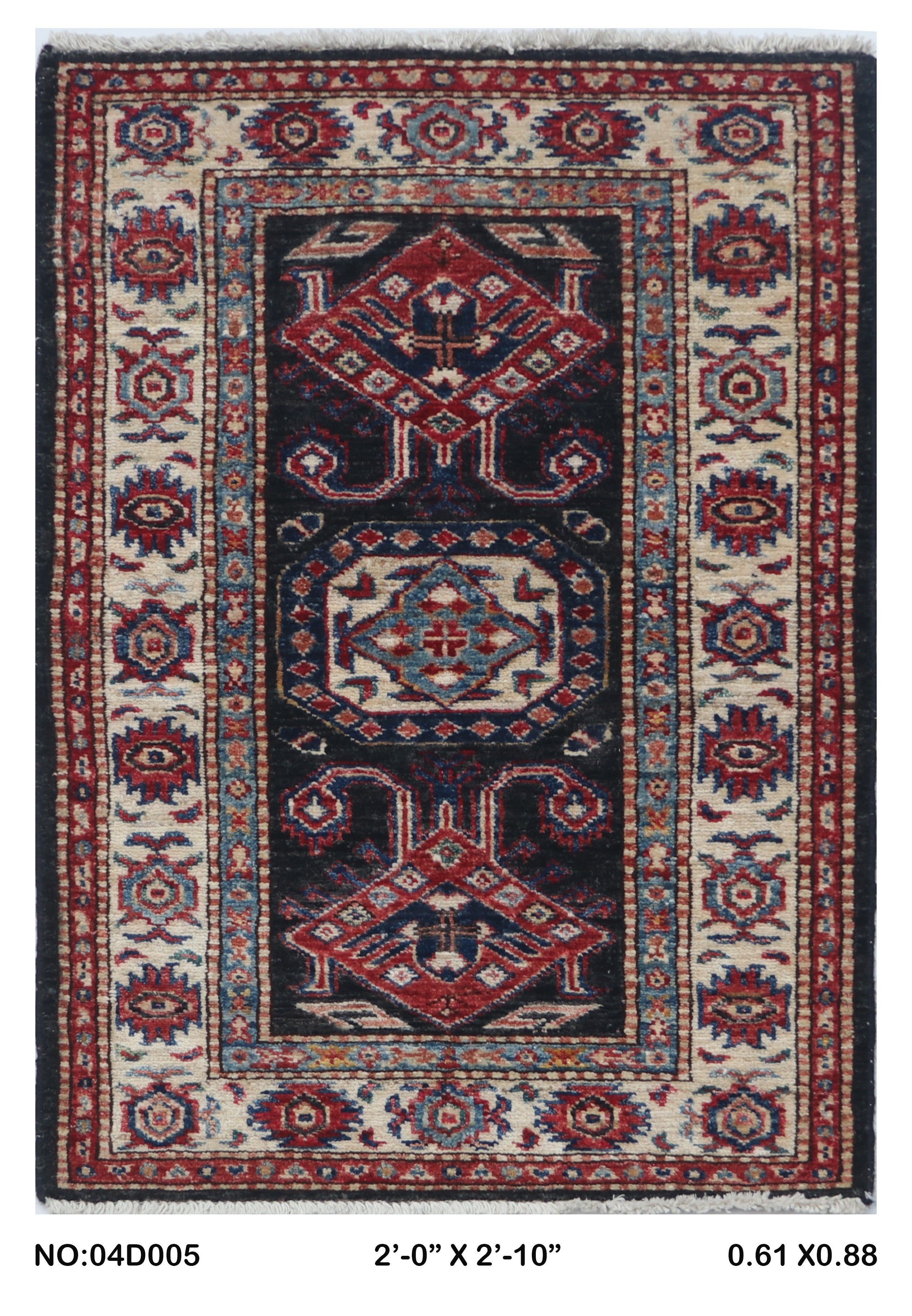 2x3 Black Super Kazak Handmade Wool Cotton Geometric Area Rug
