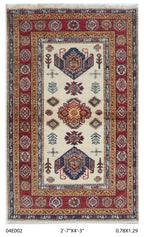 2.5x4 Beige Super Kazak geometric handmade wool and cotton area rug