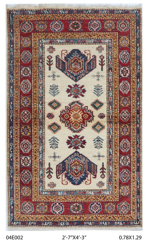 2.5x4 Beige Super Kazak geometric handmade wool and cotton area rug