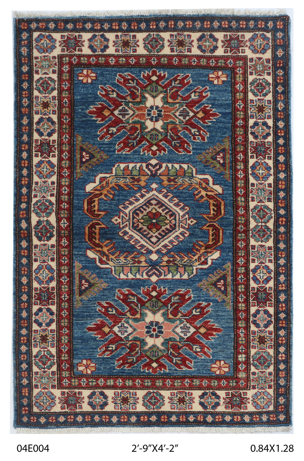 2.5x4 Blue Super Kazak geometric handmade wool and cotton area rug