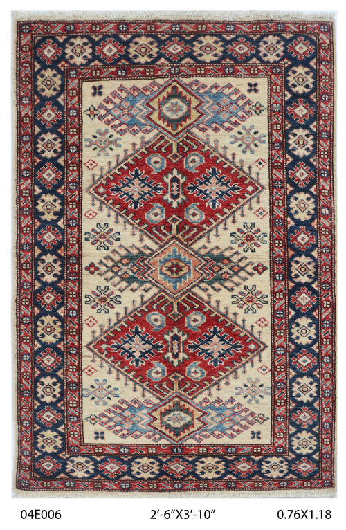 2.5x4 Beige Super Kazak geometric handmade wool and cotton area rug