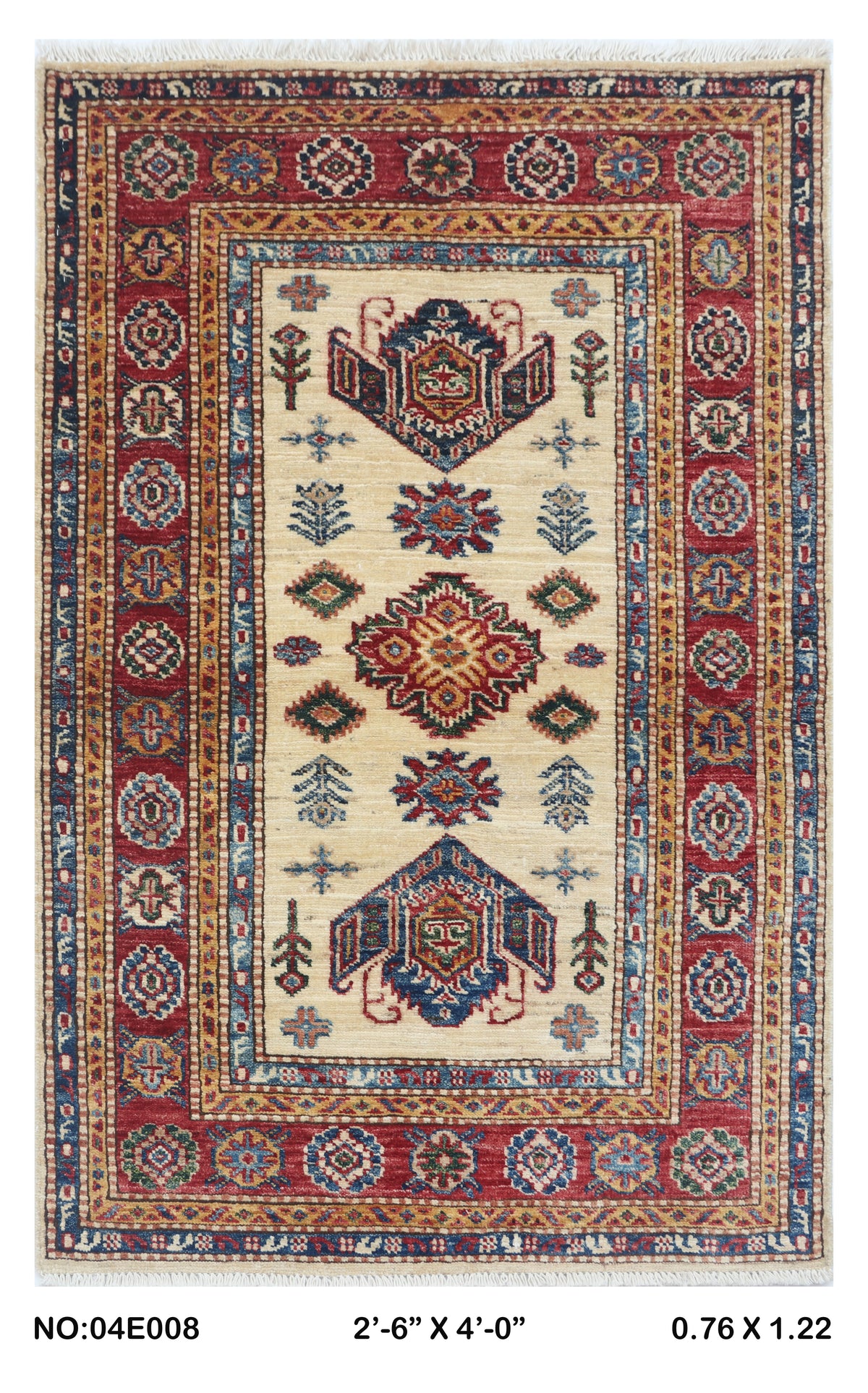 2.5x4 Beige Super Kazak geometric handmade wool and cotton area rug