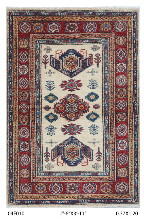 2.5x4 Beige Super Kazak geometric handmade wool and cotton area rug