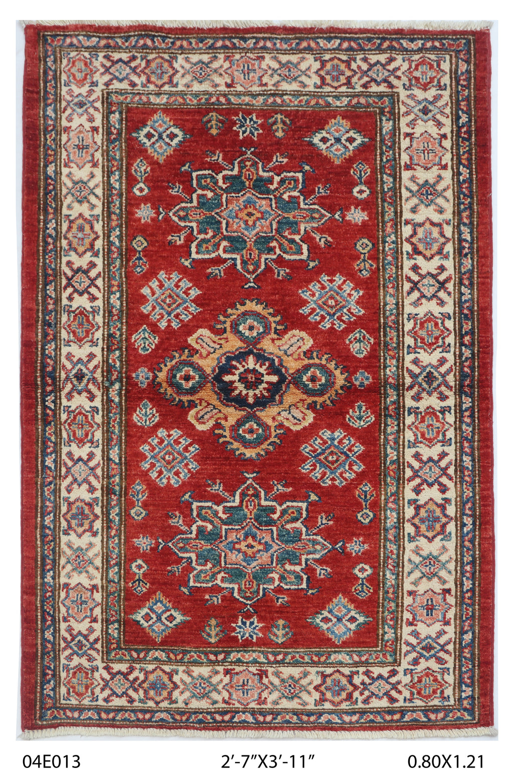 2.5x4 Red Super Kazak geometric handmade wool and cotton area rug