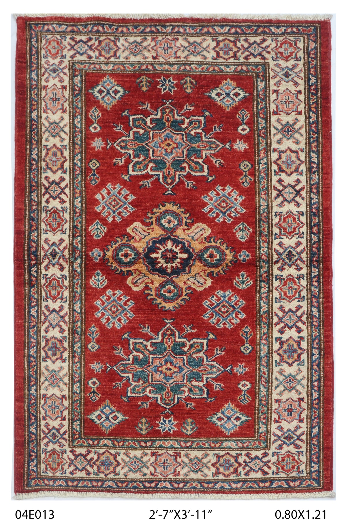2.5x4 Red Super Kazak geometric handmade wool and cotton area rug