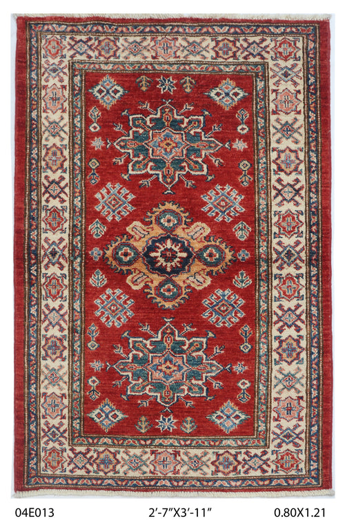 2.5x4 Red Super Kazak geometric handmade wool and cotton area rug
